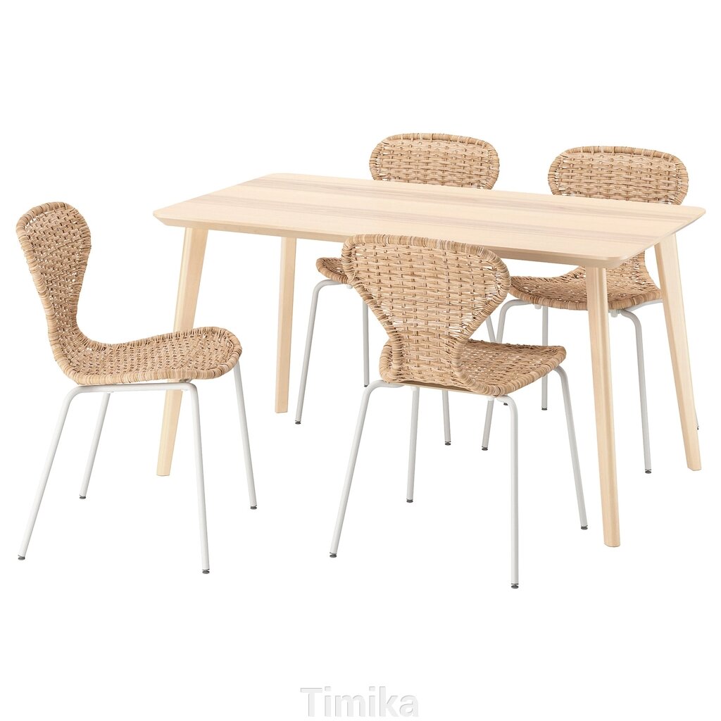 LISABO / ÄLVSTA Стіл і 4 стільці, ясеневий шпон/білий ротанг, 140x78 см від компанії Timika - фото 1