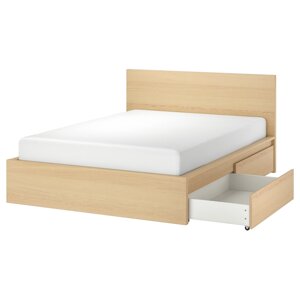 MALM Каркас ліжка з 2 ящиками для зберігання, білий дубовий шпон/Lönset, 140x200 см