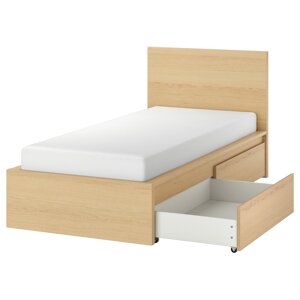 MALM Каркас ліжка з 2 ящиками для зберігання, білий дубовий шпон/Lönset, 90x200 см