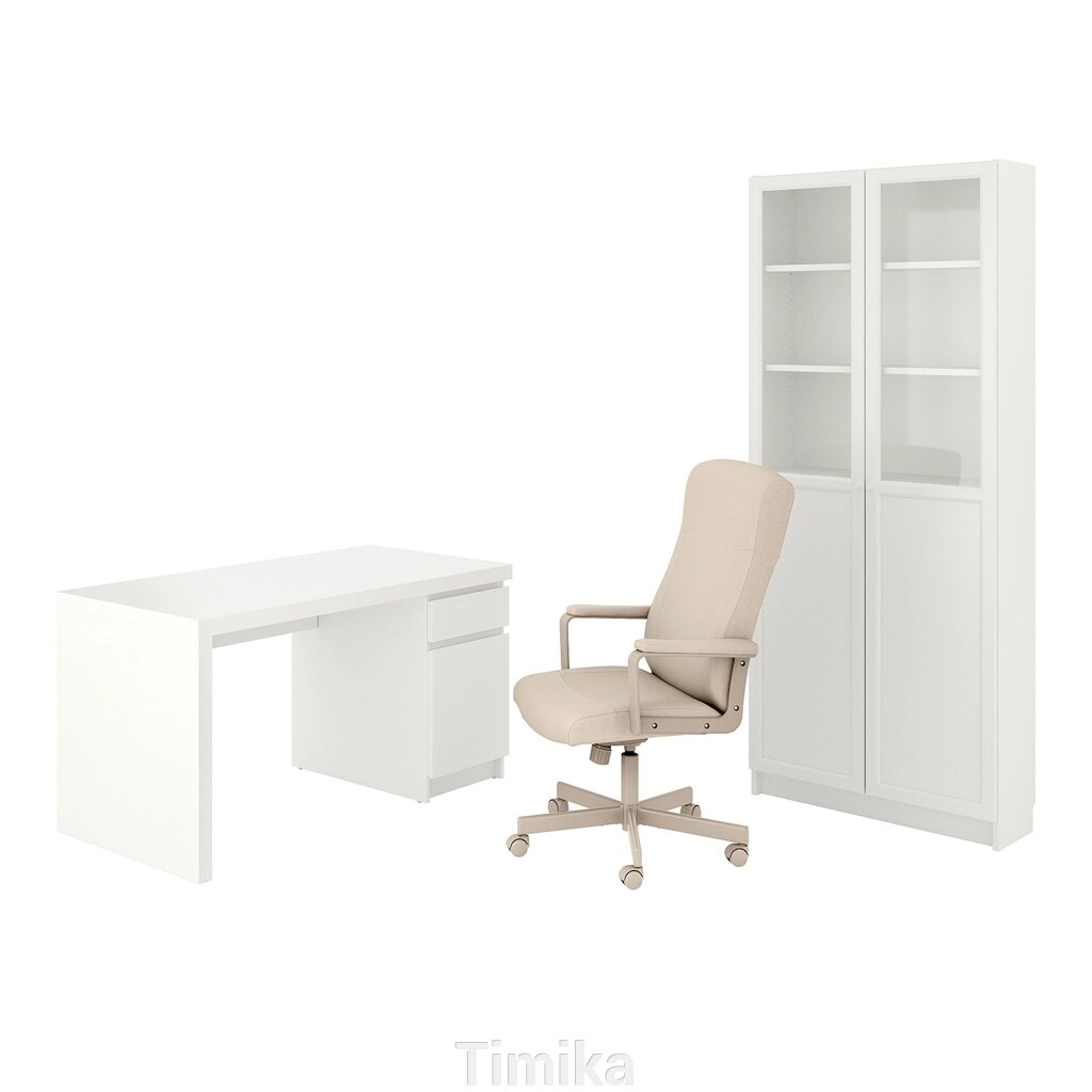 MALM/MILLBERGET / BILLY/OXBERG Комбінація стіл/шафа та поворотне крісло білий/бежевий від компанії Timika - фото 1