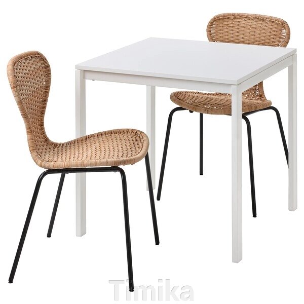 MELLTORP / ÄLVSTA Стіл і 2 стільці, білий білий/чорний ротанг, 75x75 см від компанії Timika - фото 1