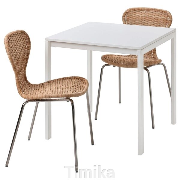 MELLTORP / ÄLVSTA Стіл і 2 стільці, білий білий/хромований ротанг, 75x75 см від компанії Timika - фото 1
