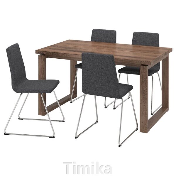 MÖRBYLÅNGA / LILLÅNÄS Стіл і 4 стільці, дубовий шпон коричневого кольору/Гуннаред темно-сірий хром, 140x85 см від компанії Timika - фото 1