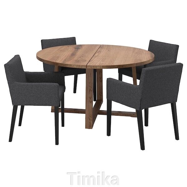 MÖRBYLÅNGA / MÅRENÄS Стіл + 4 стільці з підлокітниками, дубовий шпон коричневий/чорний Gunnared темно-сірий, 145 см від компанії Timika - фото 1