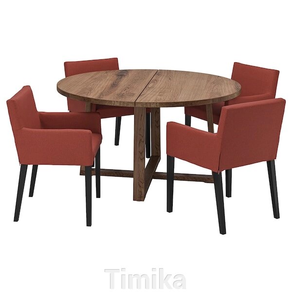 MÖRBYLÅNGA / MÅRENÄS Стіл + 4 стільці з підлокітниками, шпон чорного дуба/Гуннаред червоно-коричневий, 145 см від компанії Timika - фото 1