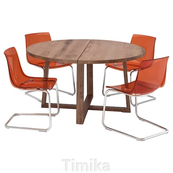 MÖRBYLÅNGA / TOBIAS Стіл і 4 стільці, дубовий шпон коричневого кольору/коричнево-червоний хром, 145 см від компанії Timika - фото 1