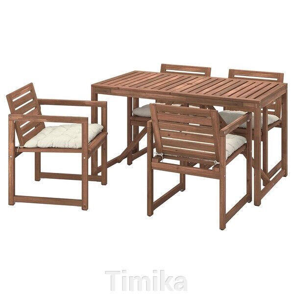 NÄMMARÖ Стіл + 4 стільці з підлокітниками, відкритий, світло-коричнева морилка/Куддарна бежевий від компанії Timika - фото 1