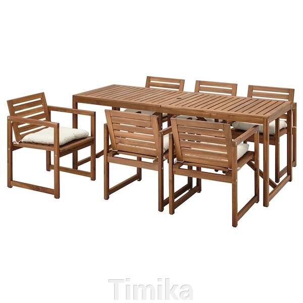 NÄMMARÖ Стіл + 6 стільців з підлокітниками, відкритий, світло-коричнева морилка/Куддарна бежевий від компанії Timika - фото 1