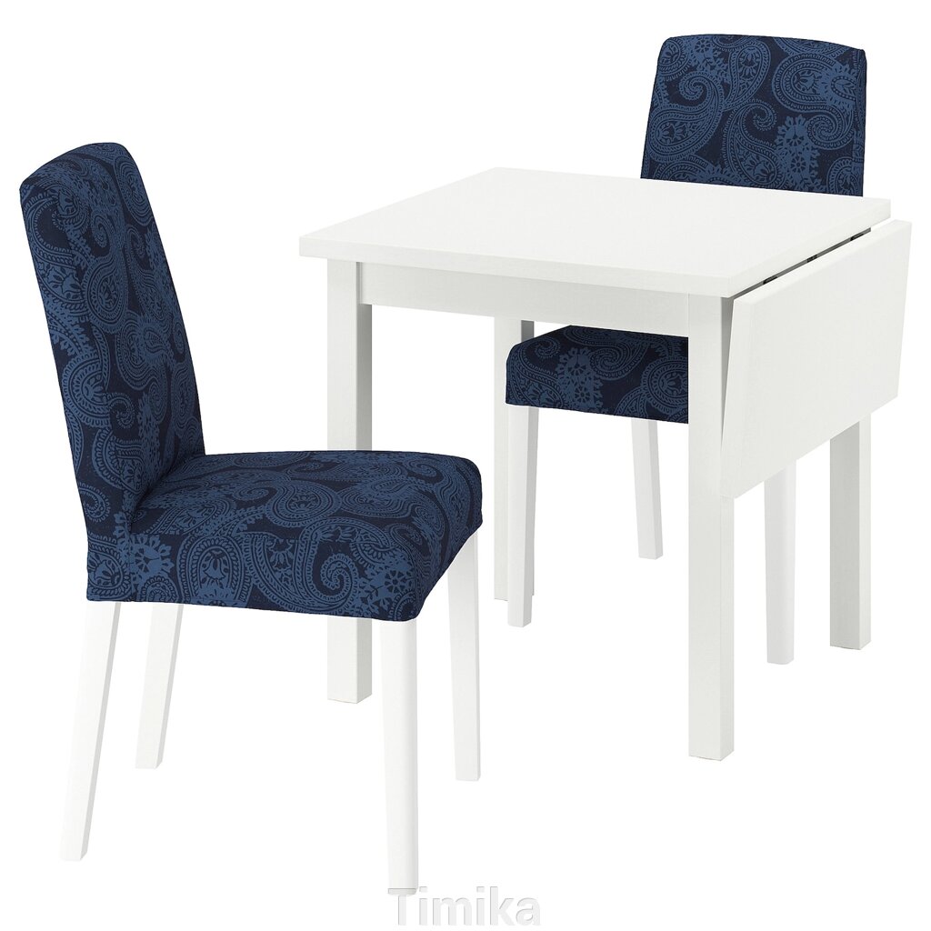 NORDVIKEN / BERGMUND Стіл і 2 стільці, білий/Kvillsfors темно-синій/блакитно-білий, 74/104 см від компанії Timika - фото 1