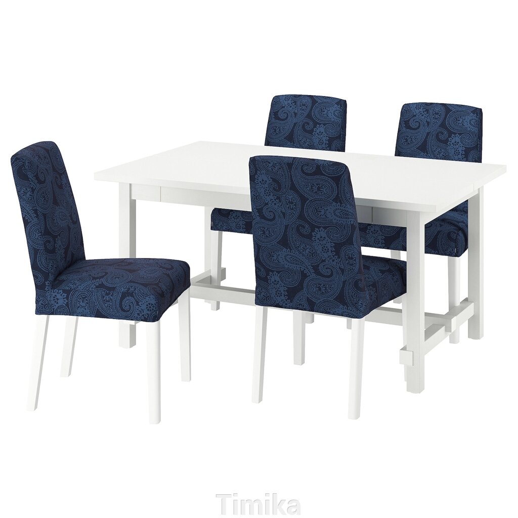 NORDVIKEN / BERGMUND Стіл і 4 стільці, білий/Kvillsfors темно-синій/блакитно-білий, 152/223 см від компанії Timika - фото 1
