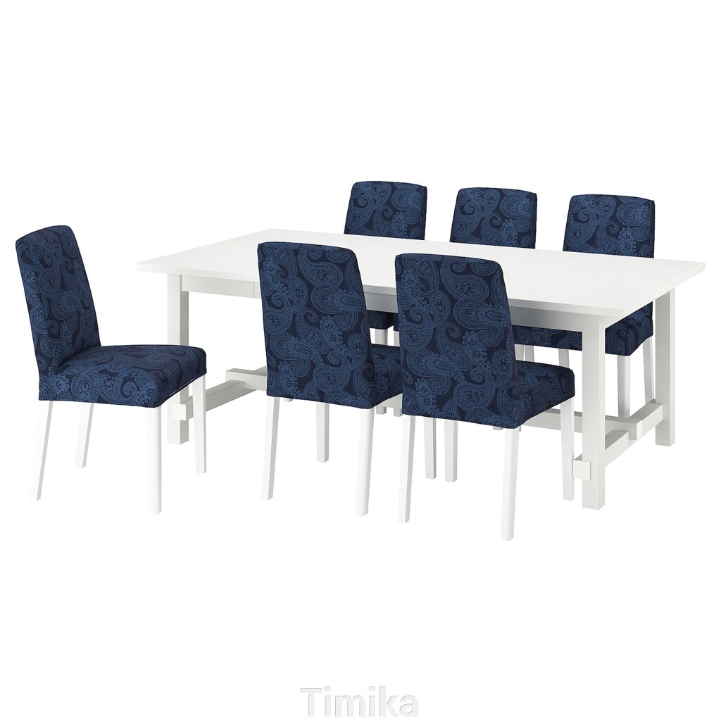 NORDVIKEN / BERGMUND Стіл і 6 стільців, білий/Kvillsfors темно-синій/блакитно-білий, 210/289 см від компанії Timika - фото 1