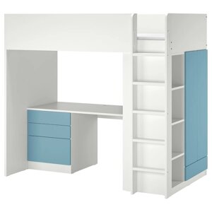 SMÅSTAD Ліжко-антресолі, біло-блакитний/з письмовим столом з 4 ящиками, 90x200 см