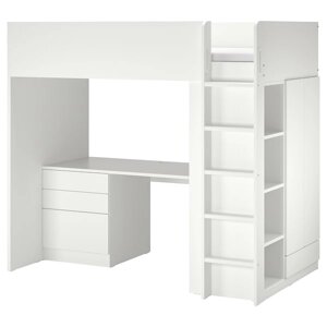 SMÅSTAD Ліжко-антресолі, біло-сірий/з письмовим столом з 4 ящиками, 90x200 см