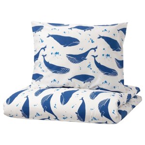 BLÅVINGAD Підодіяльник і наволочка, малюнок кита, синій/білий, 150x200/50x60 см