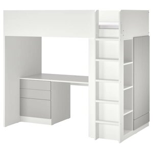 SMÅSTAD Ліжко-антресолі, біло-сірий/з письмовим столом, 2 полицями, 90x200 см