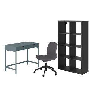 ALEX/LÅNGFJÄLL / KALLAX Комбінація стіл/шафа та обертовий стілець сіро-бірюзовий/чорний