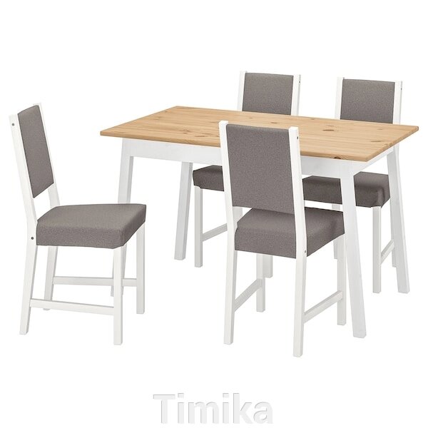 PINNTORP / STEFAN Стіл і 4 стільці, світло-коричнева морилка, біла морилка/Knisa сірий/бежевий, 125 см від компанії Timika - фото 1