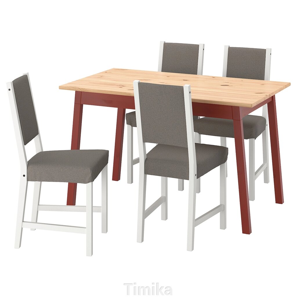 PINNTORP / STEFAN Стіл і 4 стільці, світло-коричнева морилка червона морилка/Knisa сірий/бежевий білий, 125 см від компанії Timika - фото 1