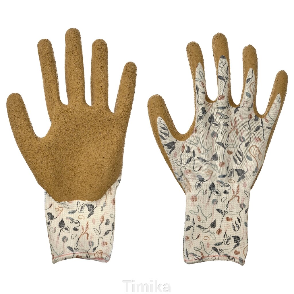 Садові рукавички DAKSJUS, з дрібним рослинним малюнком, брудно-білі/жовто-коричневі, M від компанії Timika - фото 1