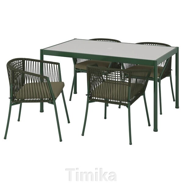 SEGERÖN Стіл + 4 стільці з підлокітниками, зовнішні темно-зелені/Frösön/Duvholmen темно-бежево-зелені, 147 см від компанії Timika - фото 1