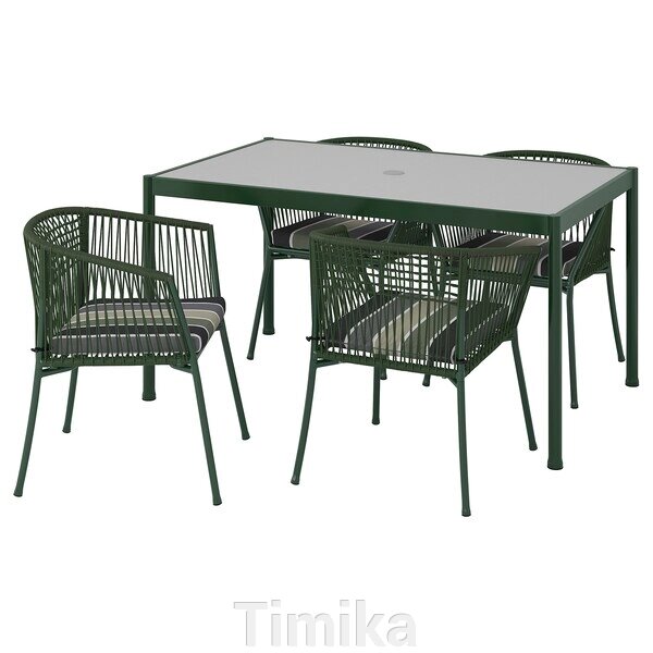 SEGERÖN Стіл + 4 стільці з підлокітниками, зовнішній темно-зелений/Frösön/Duvholmen у смужку, 147 см від компанії Timika - фото 1
