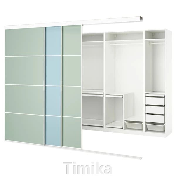 SKYTTA / PAX Шафа з розсувними дверима, білий 2-сторонній/Mehamn світло-блакитний/світло-зелений, 301x160x240 см від компанії Timika - фото 1