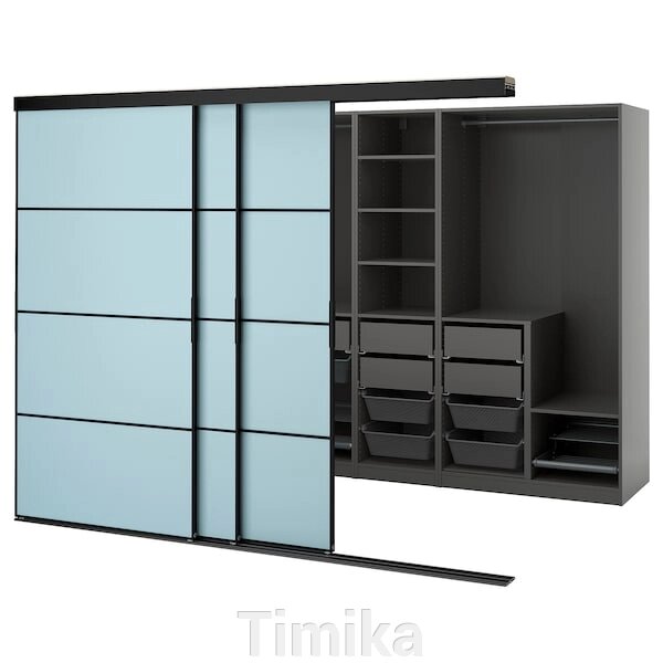 SKYTTA / PAX Шафа з розсувними дверима, чорний темно-сірий/Mehamn світло-блакитний, 276x160x205 см від компанії Timika - фото 1