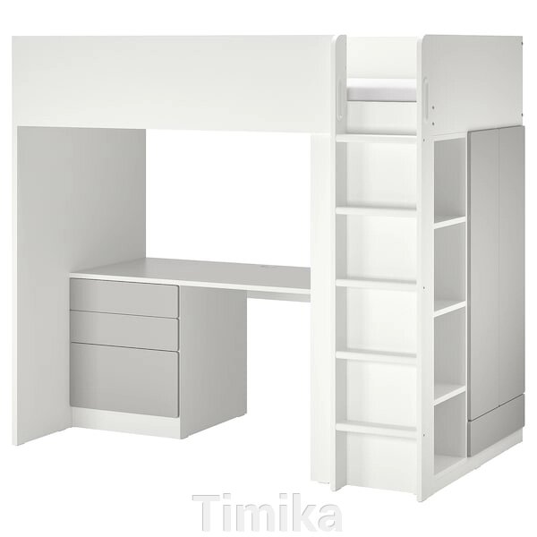 SMÅSTAD Ліжко-антресолі, біло-сірий/з письмовим столом, 2 полицями, 90x200 см від компанії Timika - фото 1