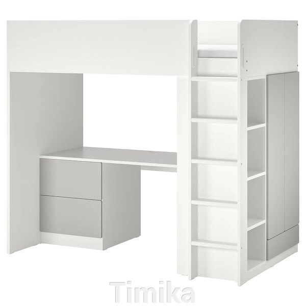 SMÅSTAD Ліжко-антресолі, біло-сірий/з письмовим столом з 3 ящиками, 90x200 см від компанії Timika - фото 1