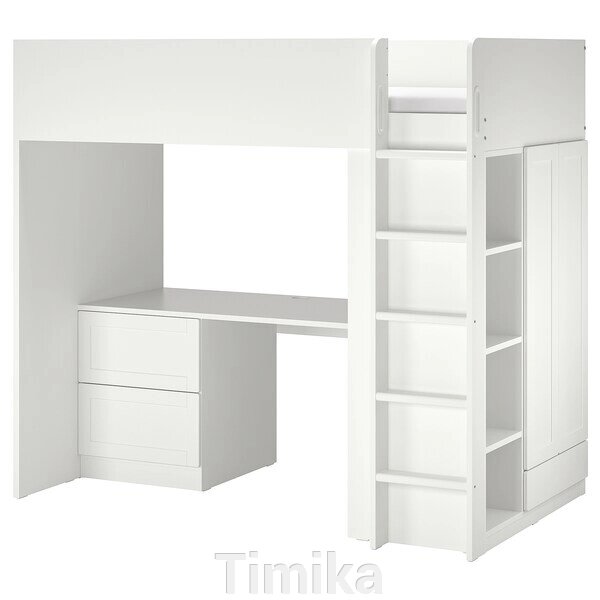 SMÅSTAD Ліжко-горище, білий, білий каркас/з письмовим столом з 4 ящиками, 90x200 см від компанії Timika - фото 1