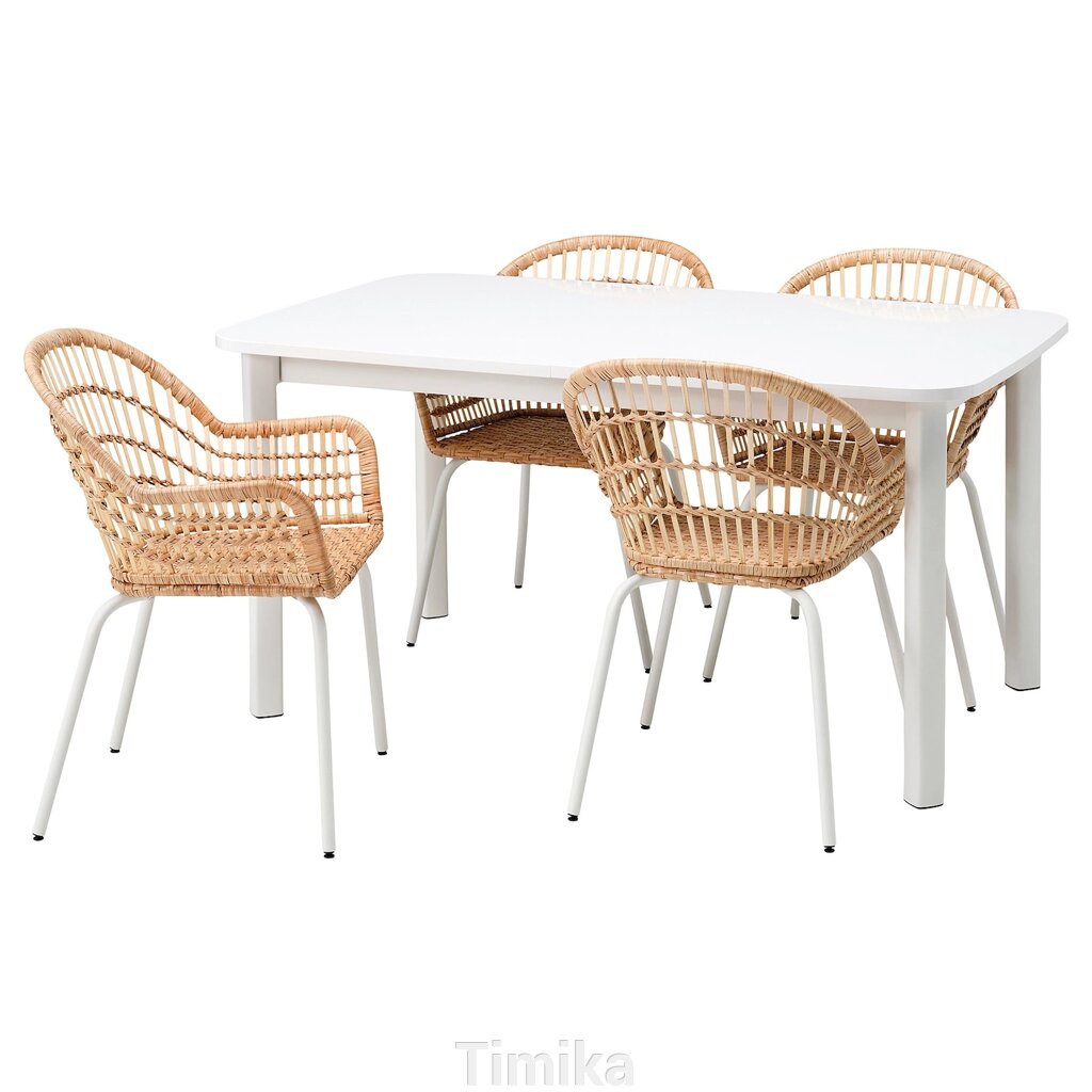 STRANDTORP / NILSOVE Стіл і 4 стільці, білий/білий ротанг, 150/205/260 см від компанії Timika - фото 1
