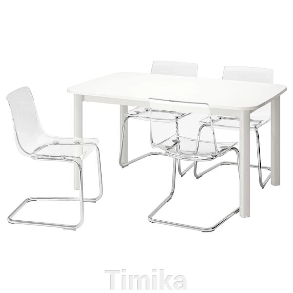 STRANDTORP / TOBIAS Стіл і 4 стільці, білий/прозорий, 150/205/260x95 см від компанії Timika - фото 1