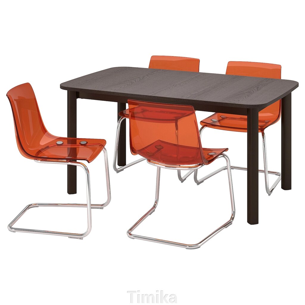 STRANDTORP / TOBIAS Стіл і 4 стільці, коричневий/коричневий/червоний хром, 150/205/260 см від компанії Timika - фото 1