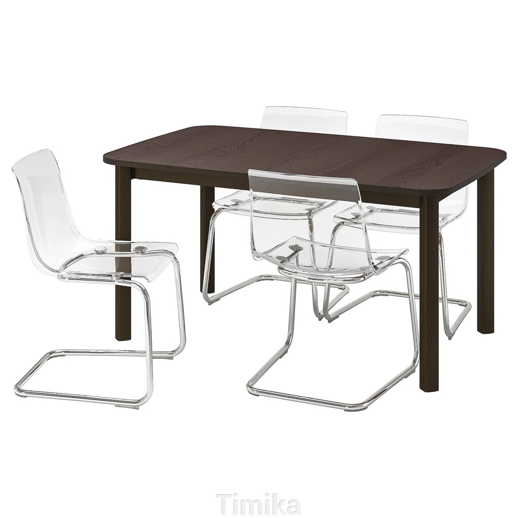 STRANDTORP / TOBIAS Стіл і 4 стільці, коричневий/прозорий, 150/205/260x95 см від компанії Timika - фото 1