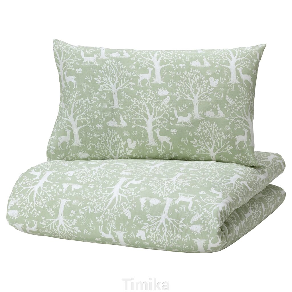 TROLLDOM Підодіяльник 1 наволочка на ліжко, малюнок лісових тварин/зелений, 110x125/35x55 см від компанії Timika - фото 1