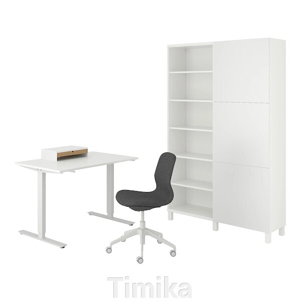 TROTTEN/LÅNGFJÄLL / BESTÅ/LAPPVIKEN Комбінація стіл/шафа та обертовий стілець білий/сірий від компанії Timika - фото 1