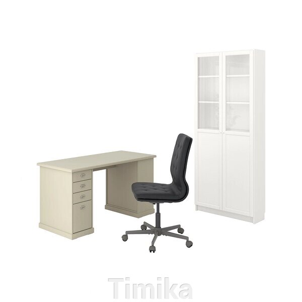 VEBJÖRN/MULLFJÄLLET / BILLY/OXBERG Комбінація стіл/шафа та поворотне крісло бежевий/сіро-білий від компанії Timika - фото 1