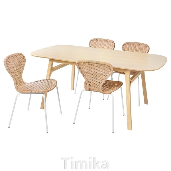 VOXLÖV / ÄLVSTA Стіл і 4 стільці, світлий бамбук/білий ротанг, 180x90 см від компанії Timika - фото 1