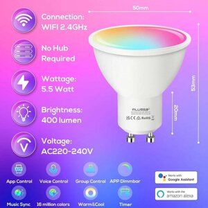 Комплект 4 шт Світлодіодні лампочки ALUSSO Wi-Fi Smart GU10 RGB