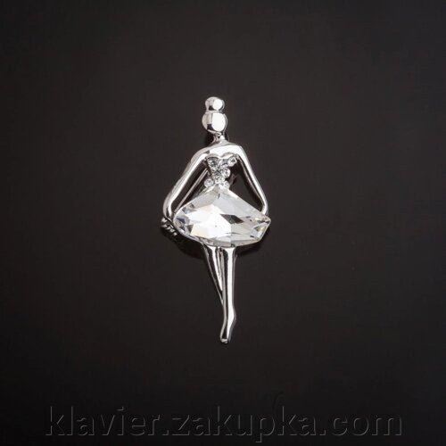 Брошка Балерина з білим прозорим кристалом-пачкою колір металу "світле срібло" 4,5х2см