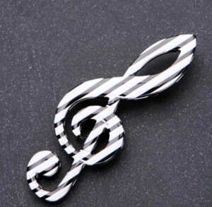 Брошка Скрипковий ключ в чорно білу смужку 25х70мм сірий метал