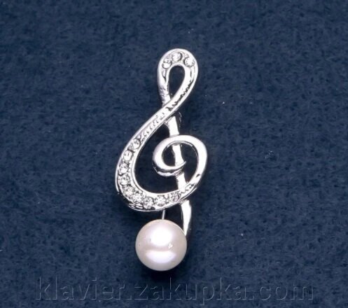 Брошка музична серія "Скрипковий ключ" з бусиной 45х20мм колір металу "срібло" від компанії Нотний магазин "Клавир" - фото 1