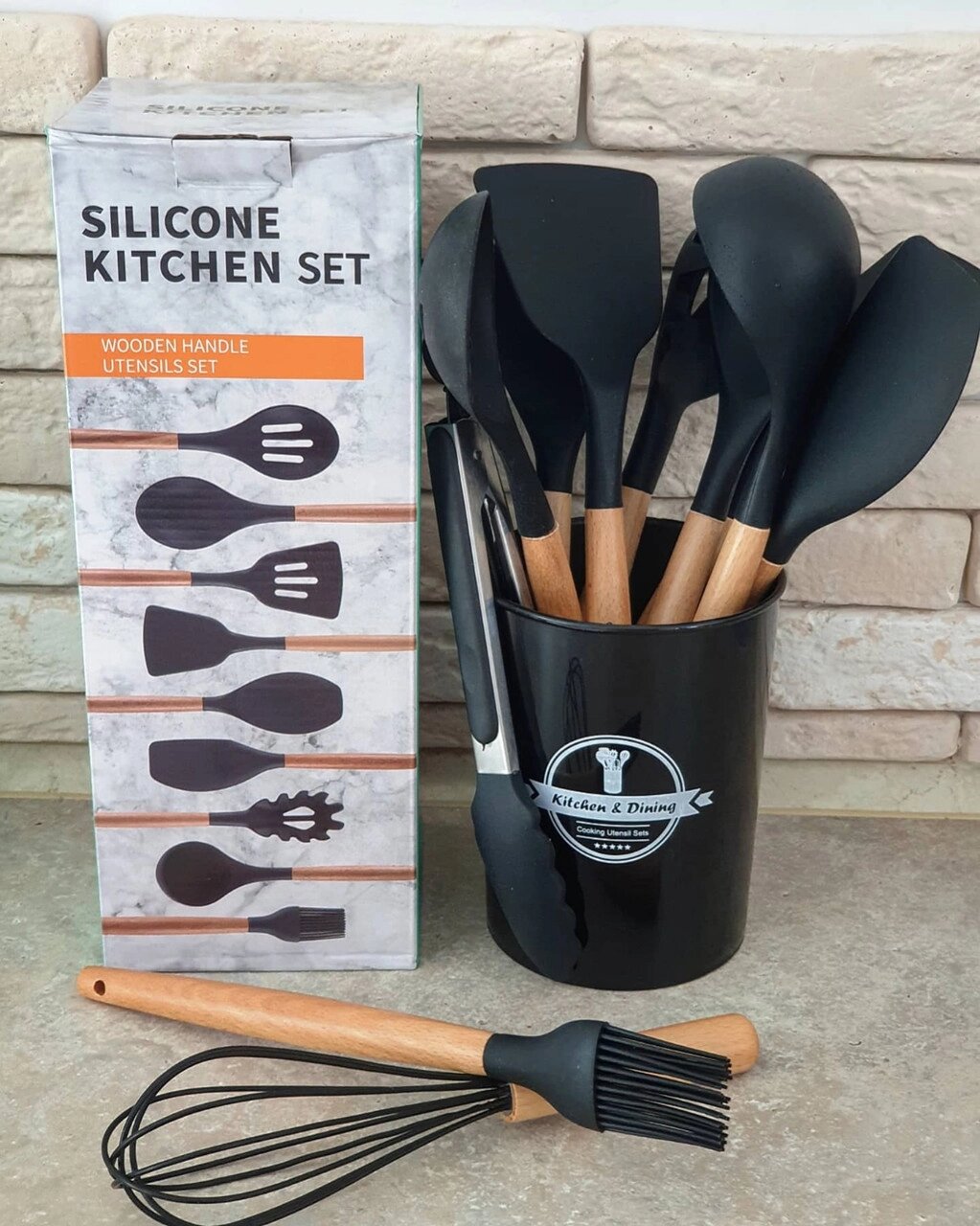 Кухонний набір Silikone Kitchen Set чорний з силікону з бамбуковою ручкою з 12 предметів від компанії інтернет магазин Stockzona - фото 1