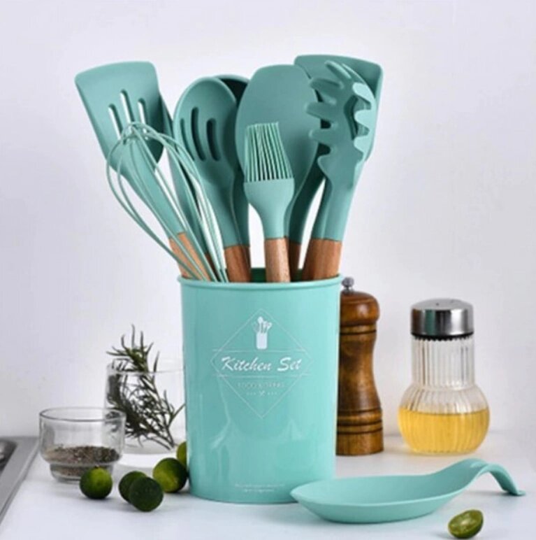 Кухонний набір Silikone Kitchen Set м'ятний із силікону з бамбуковою ручкою з 12 предметів від компанії інтернет магазин Stockzona - фото 1