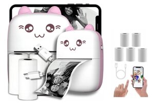 Портативний термопринтер Bambi Cat Mini printer Pink+5 рулонів термопаперу