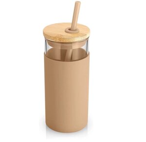 Скляна пляшка з силіконом 20oz/550мл з бамбуковою трубочкою beige