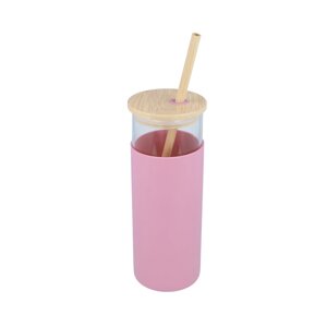 Скляна пляшка Tumbler 550мл з бамбуковою трубочкою Pink