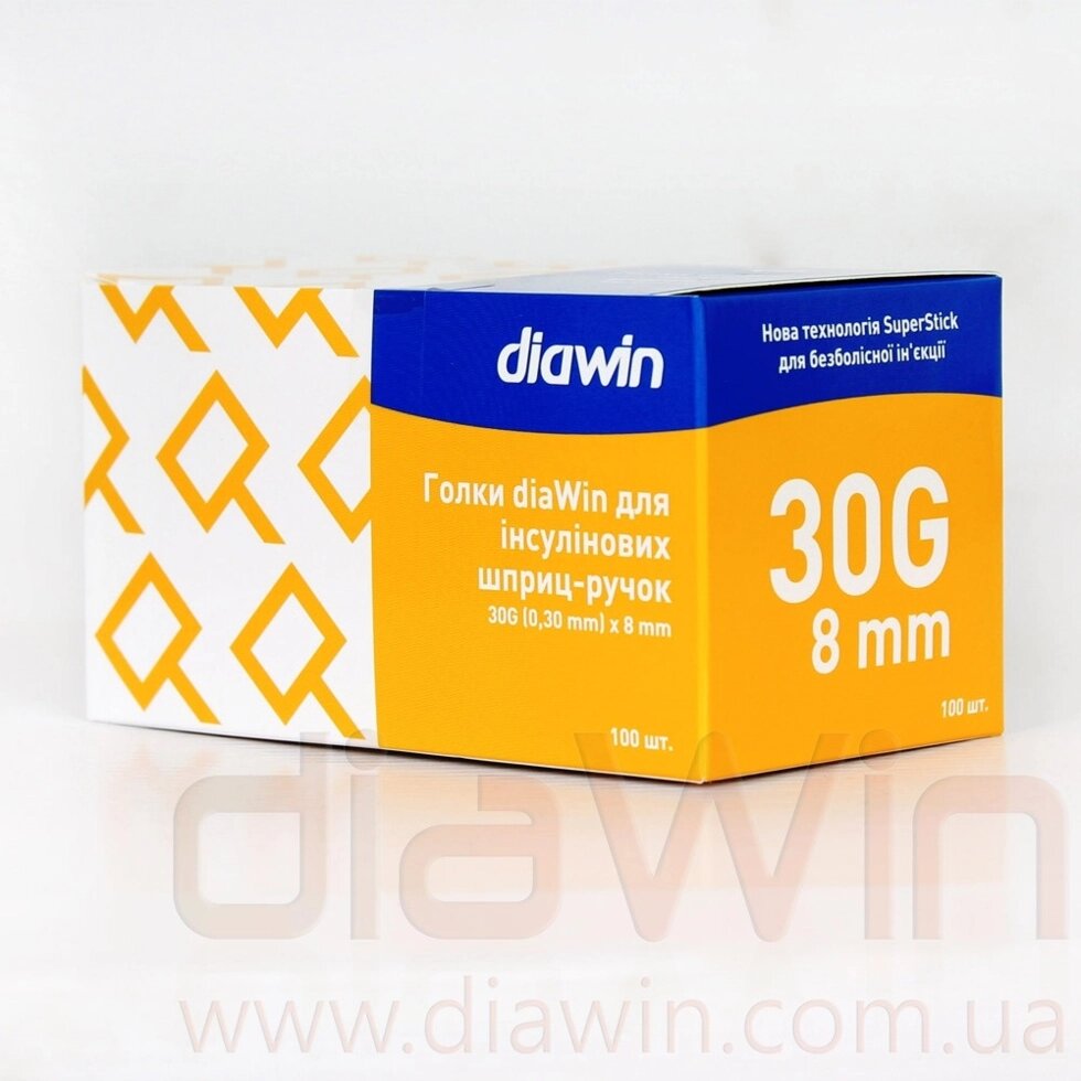 Голки diaWin для інсулінових шприц-ручок 30G (0.23 мм)x8mm.(100 шт.) від компанії Фармєдіс, ТОВ - фото 1