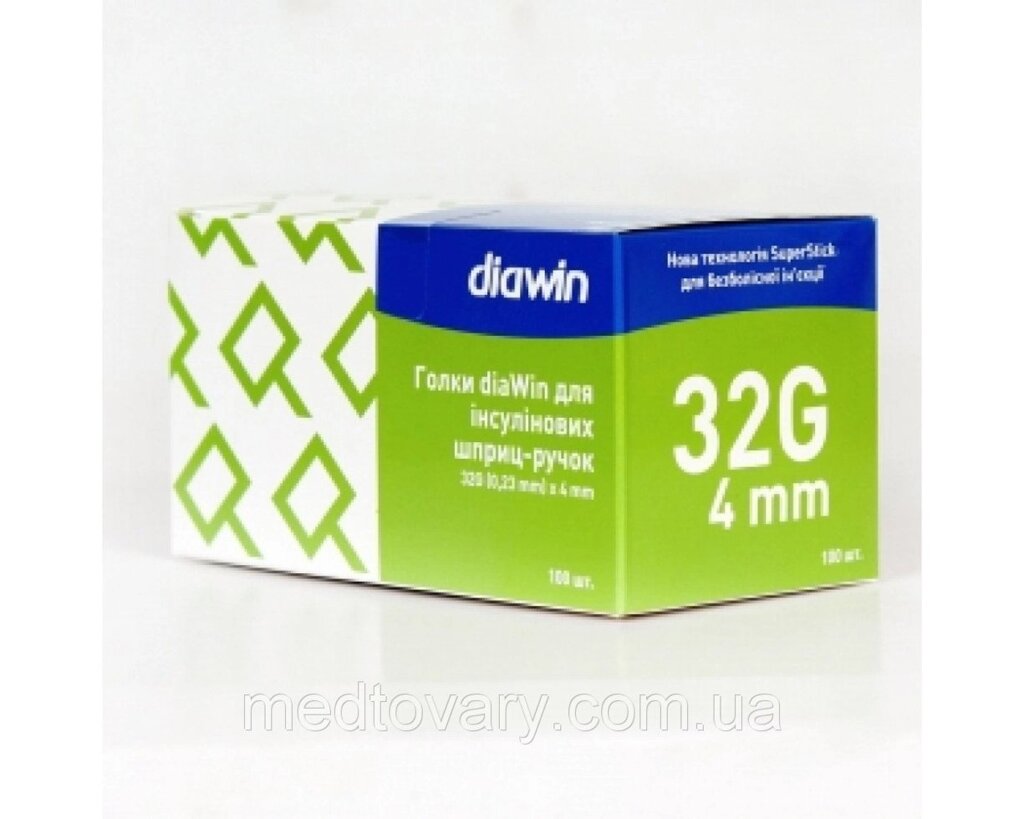 Голки diaWin для інсулінових шприц-ручок 32G (0.23 мм)x4mm.(100 шт.) від компанії Фармєдіс, ТОВ - фото 1
