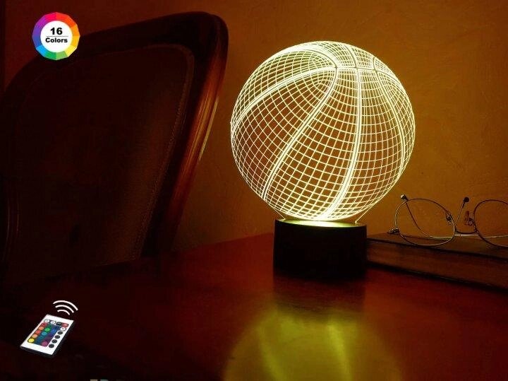 3D нічник "Баскетбольний м'яч" (ЗБІЛЬШЕНИЙ ЗОБРАЖЕННЯ) +пульт ДК+мережевий адаптер+батарейки (3ААА) 3DTOYSLAMP від компанії Polmart - фото 1
